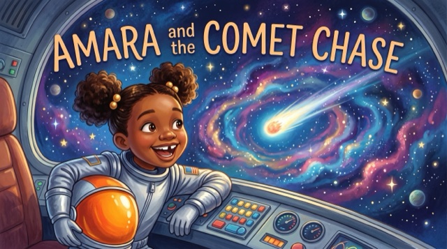 Amara and the Comet Chase — example personalized storybook cover illustration