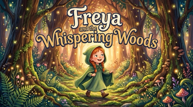 Freya and the Whispering Woods — example personalized storybook cover illustration