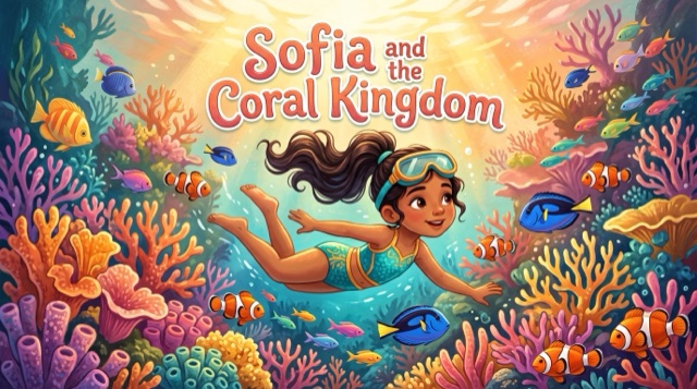 Sofia and the Coral Kingdom — example personalized storybook cover illustration
