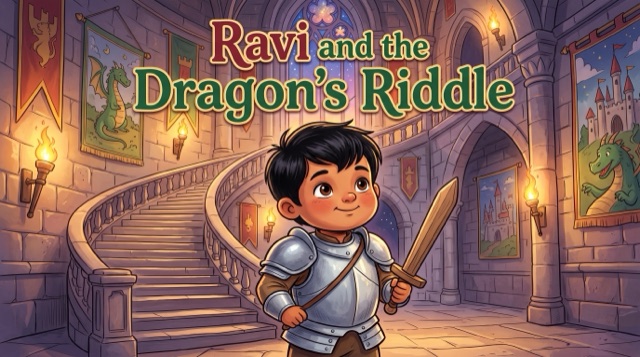 Ravi and the Dragon's Riddle — example personalized storybook cover illustration