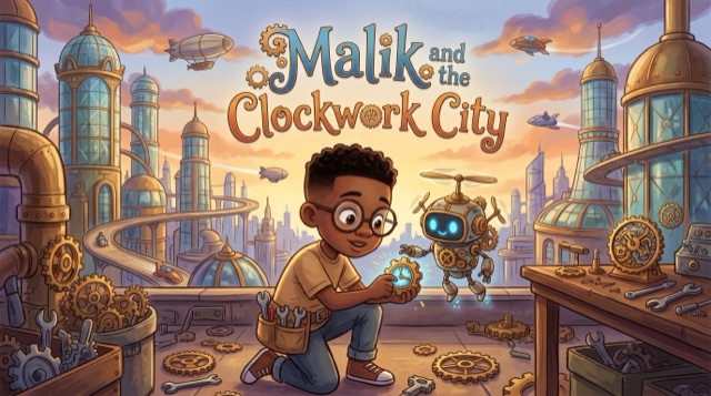 Malik and the Clockwork City — example personalized storybook cover illustration