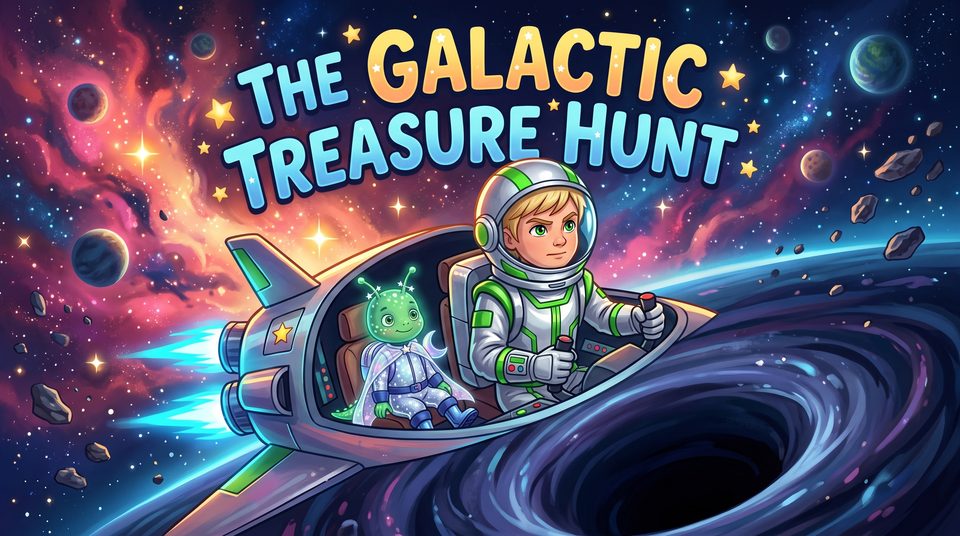 The Galactic Treasure Hunt, a personalized space adventure storybook, illustrated for a child, open on a tablet